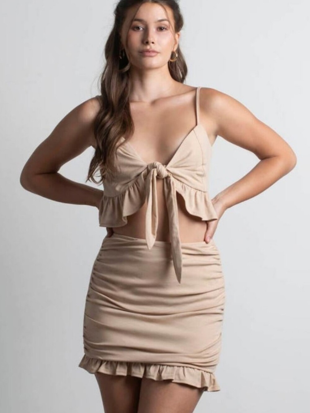 MARBLE Beige Ruffle Skirt Two-Piece Coord Set Taupe Nude Boho Festival Coastal